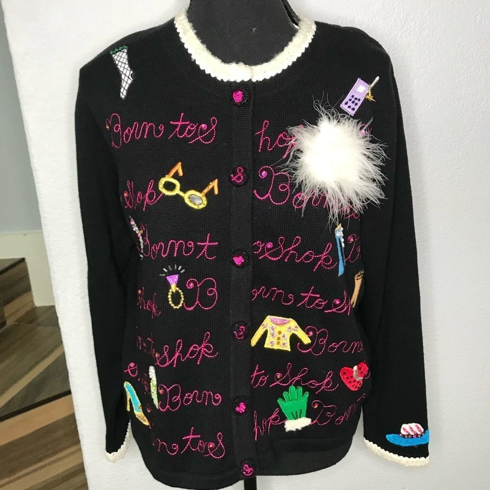 Berek Born to Shop. Cardigan Sweater Barbiecore. Black W/ Colorful Accents